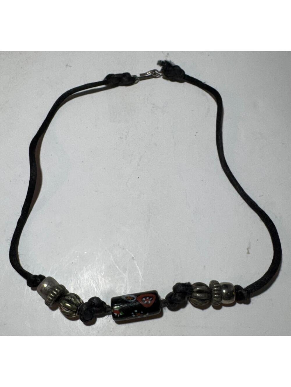 Boho Millefiori Glass Bead Necklace Black Cord Silver Tone Beads Adjustable